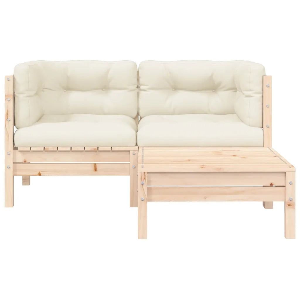 Set Divani da Giardino 3 pz | Set Salotto da Giardino con Cuscini Crema Massello di Pino