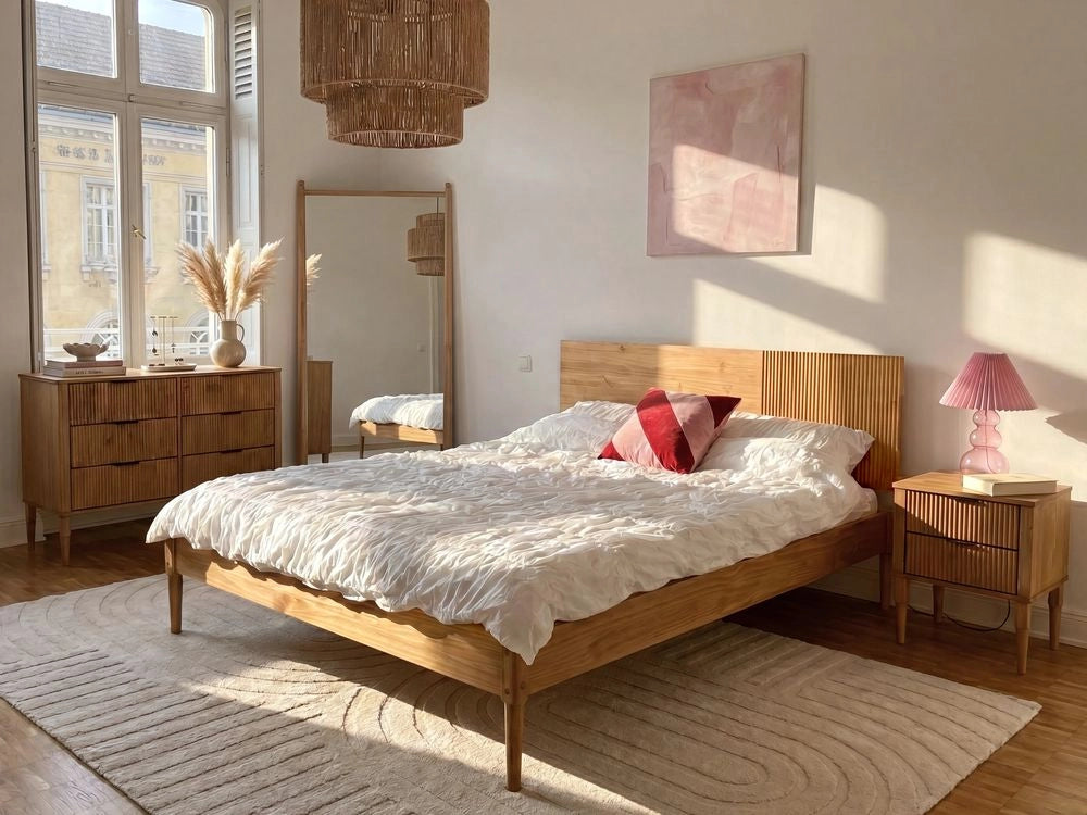 Letto con rete in legno di pino naturale color marrone chiaro, 120 x 200 cm, con testiera in stile scandinavo