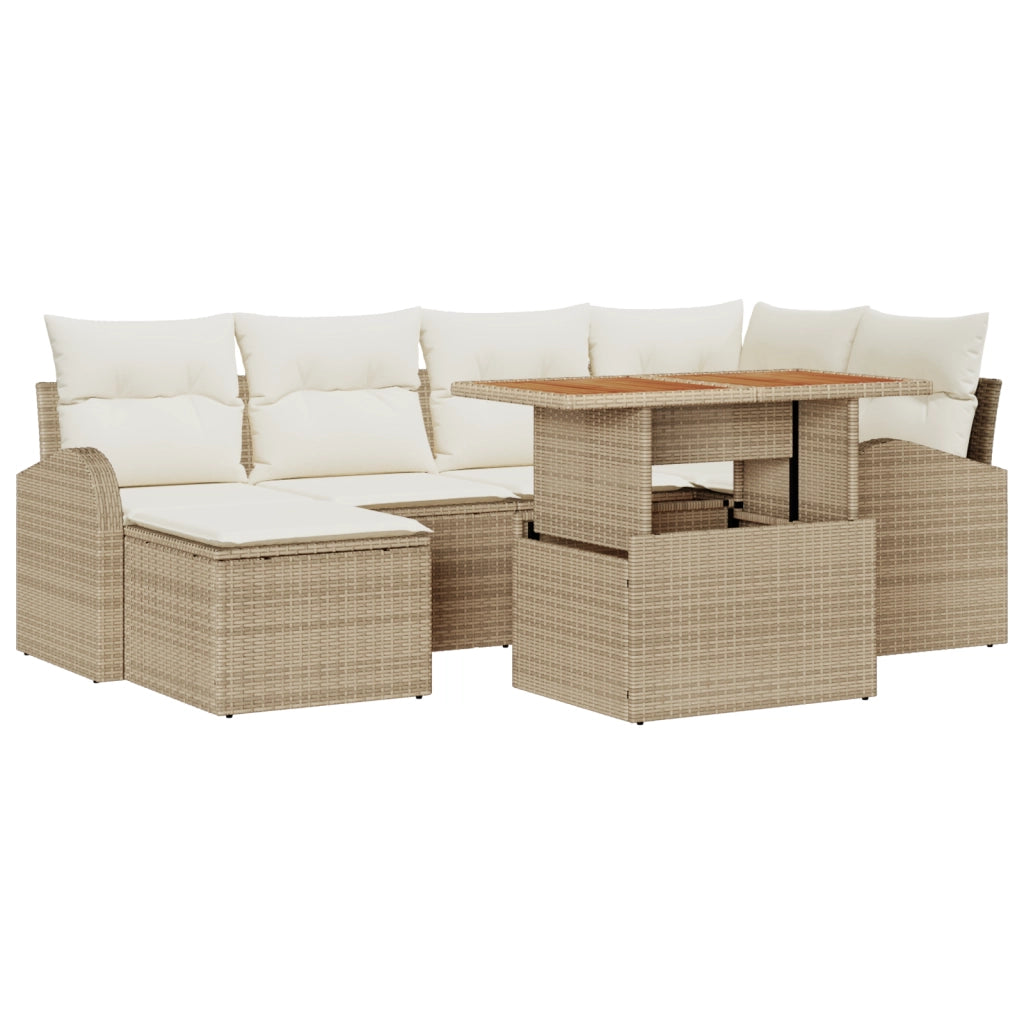 Set da Pranzo da Giardino in 7 Pezzi con Cuscini Beige Polyrattan Acacia