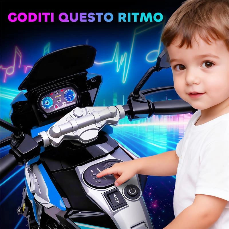 MOTO ELETTRICA PER BAMBINI CON ROTELLE, SPECCHIETTI E POGGIAPIEDI, IN PP E METALLO, 85.5X44.5X56 CM, BLU