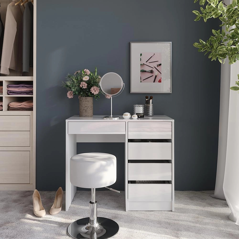 Tavolo da toeletta Sherry, Bianco/bianco lucido, 89.8 cm con sgabello