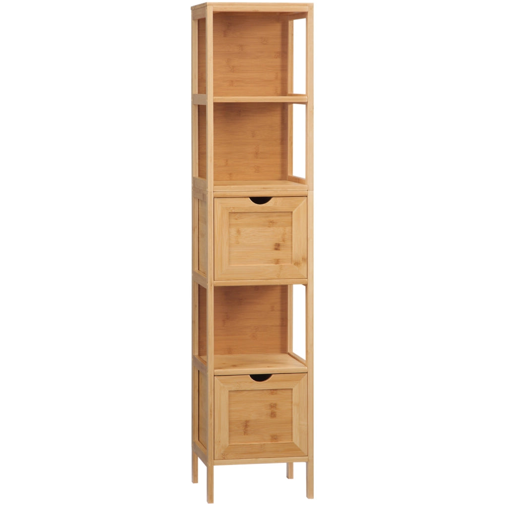 Mobiletto alto da bagno in bambù 30x30x140 cm con 3 ripiani aperti e 2 cassetti