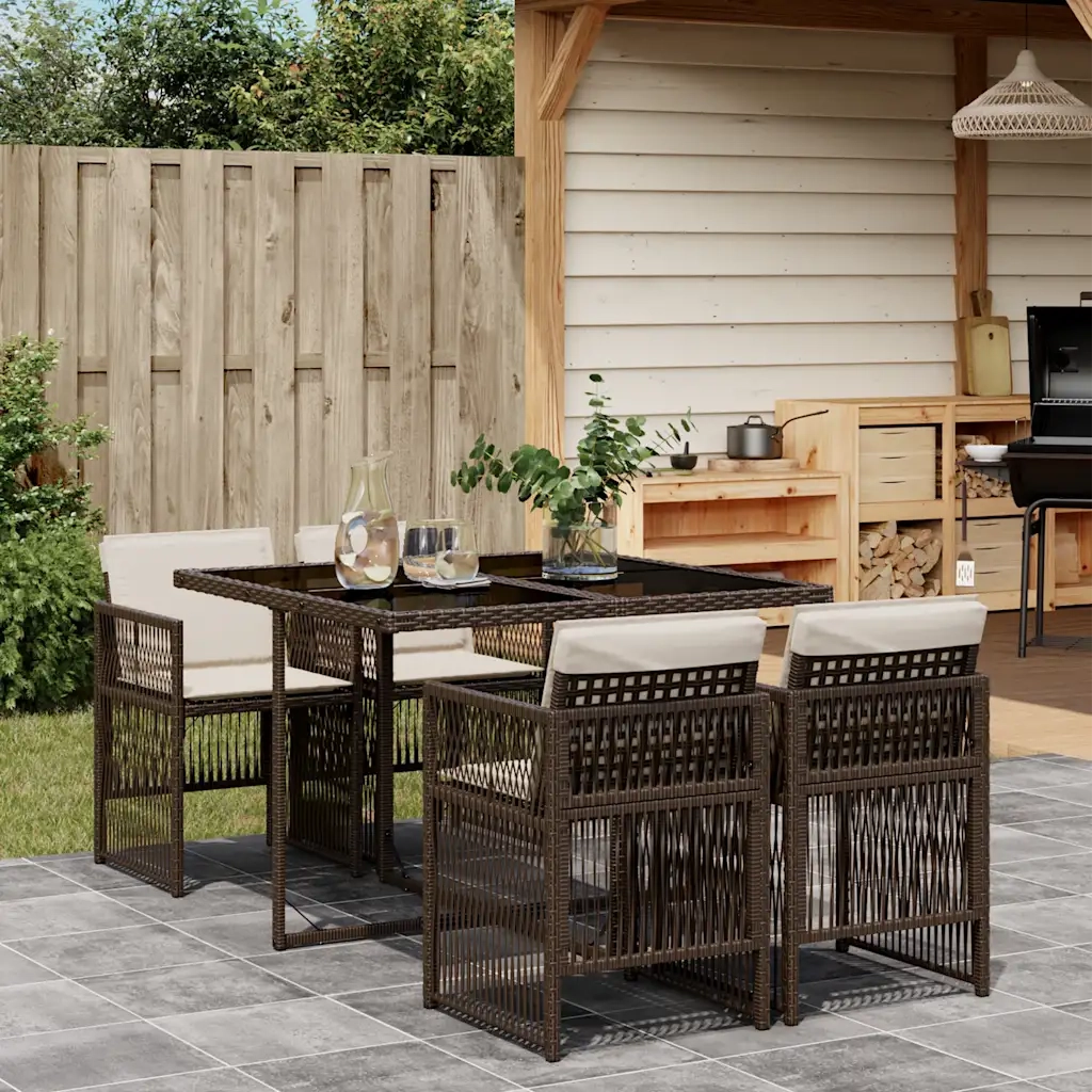 Set da Pranzo da Giardino 5pz | Set Salotto da Giardino con Cuscini in Polyrattan Marrone