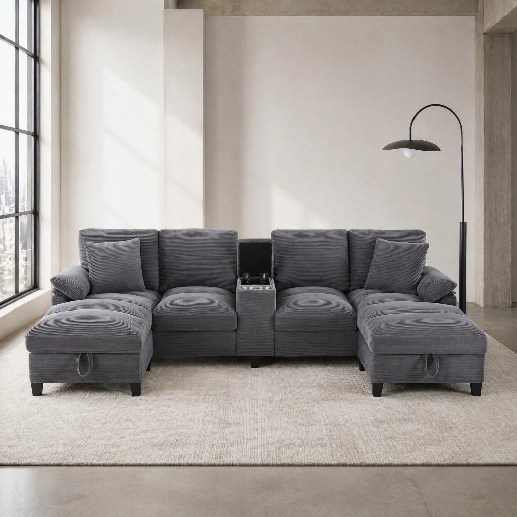 DIVANO U 293x142x93 cm grigio in velluto a coste 4-5 posti