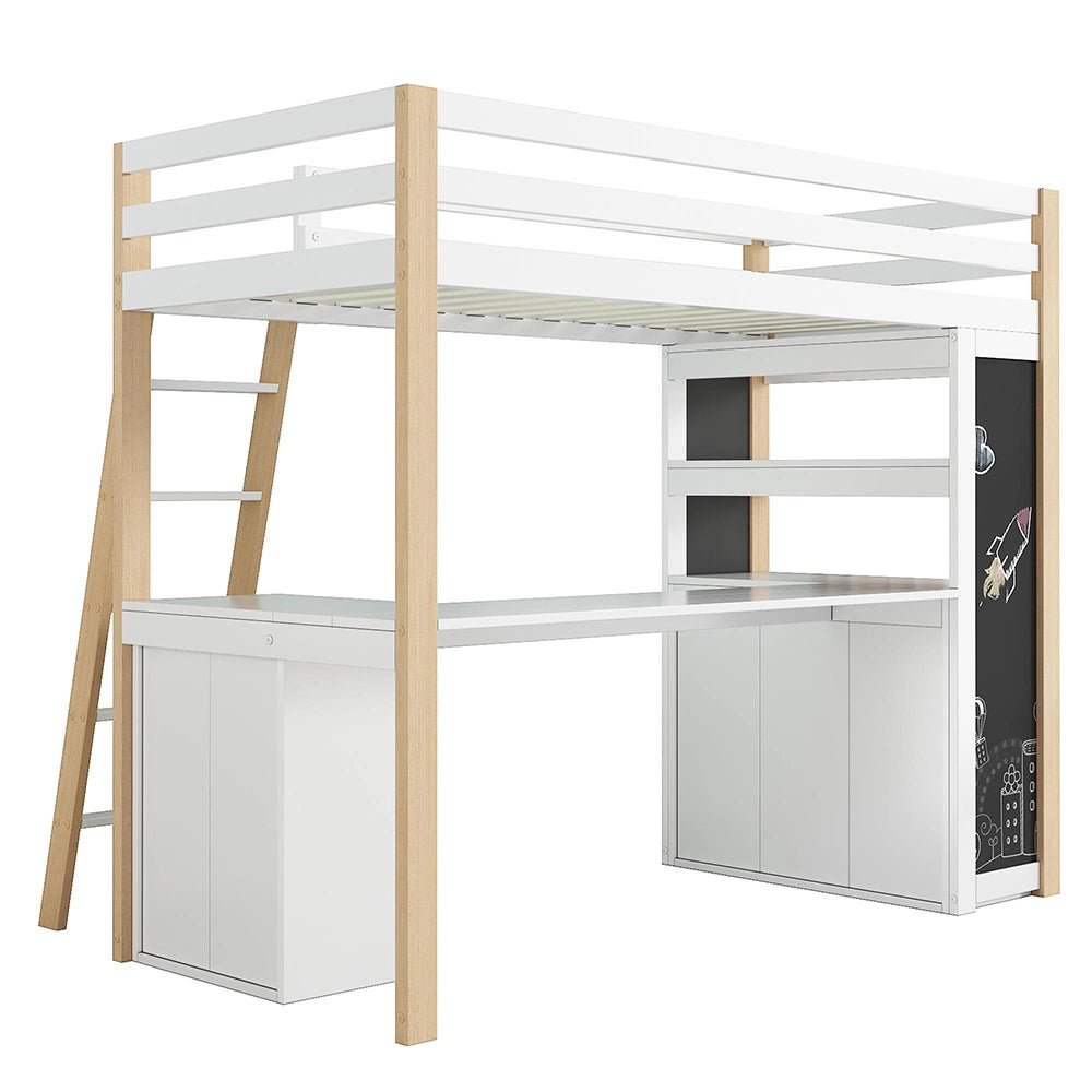 Letto a castello 90x200cm - Xylo - bianco/naturale, lavagna, ripiani