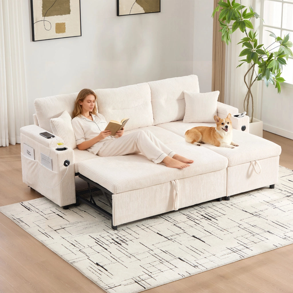 Divano modulare convertibile con letto estraibile chaise longue idraulica porta usb tipo c e vano in velluto beige