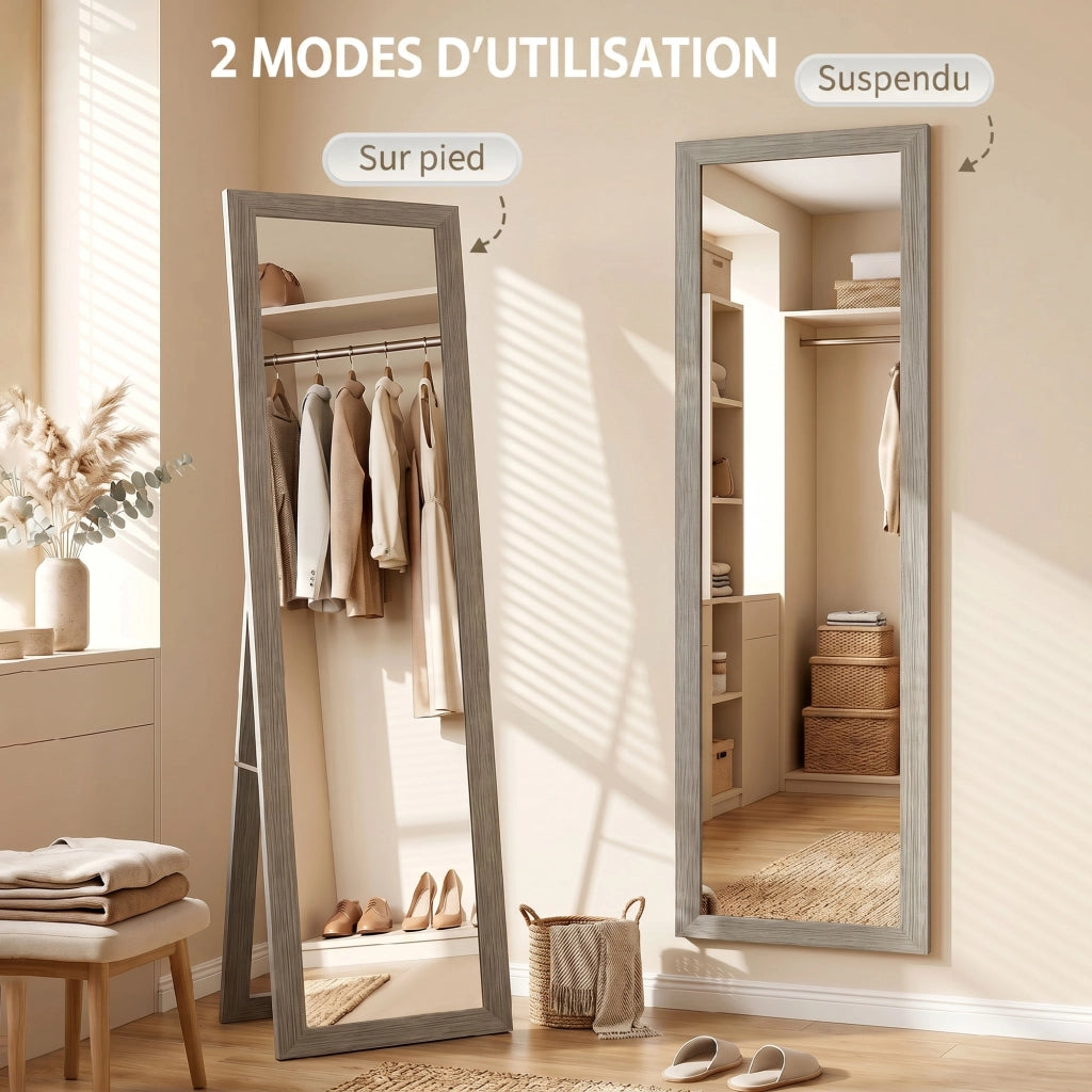 Specchio da terra e da parete rettangolare con cornice in legno grigio per camera da letto e ingresso 37 x 155 cm