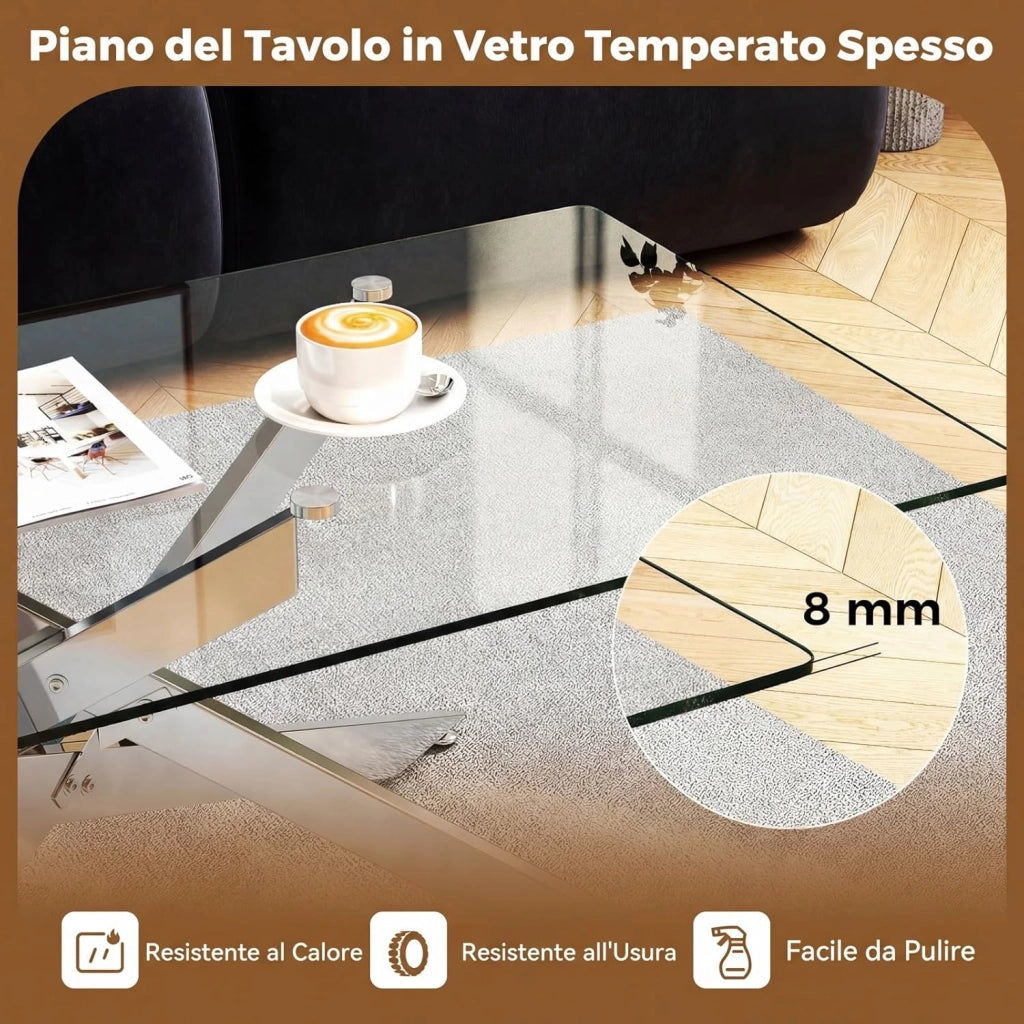 Tavolo da Caffè, Tavolino Salotto in Vetro Temperato con Gambe Incrociate in Metallo Placcato e Piedini Regolabili Antiscivolo, per Soggiorno e Ingresso, 120 x 60 x 45,5 cm (Argento)