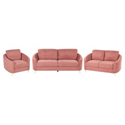 Set da salotto due divani e una poltrona in tessuto rosa 6 posti piedi dorati curve soffici soggiorno stile glamour elegante