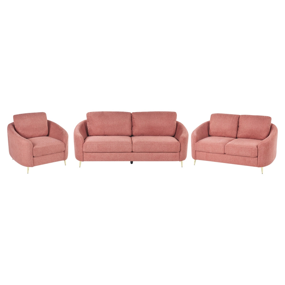 Set da salotto due divani e una poltrona in tessuto rosa 6 posti piedi dorati curve soffici soggiorno stile glamour elegante