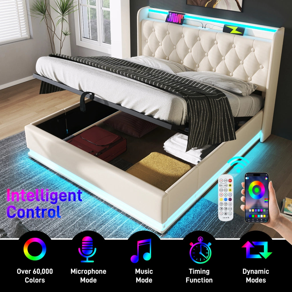 DESMIU Letto Imbottito 160 × 200 cm 2 posti con LED, USB e Type-C, senza materasso, in PU, bianco