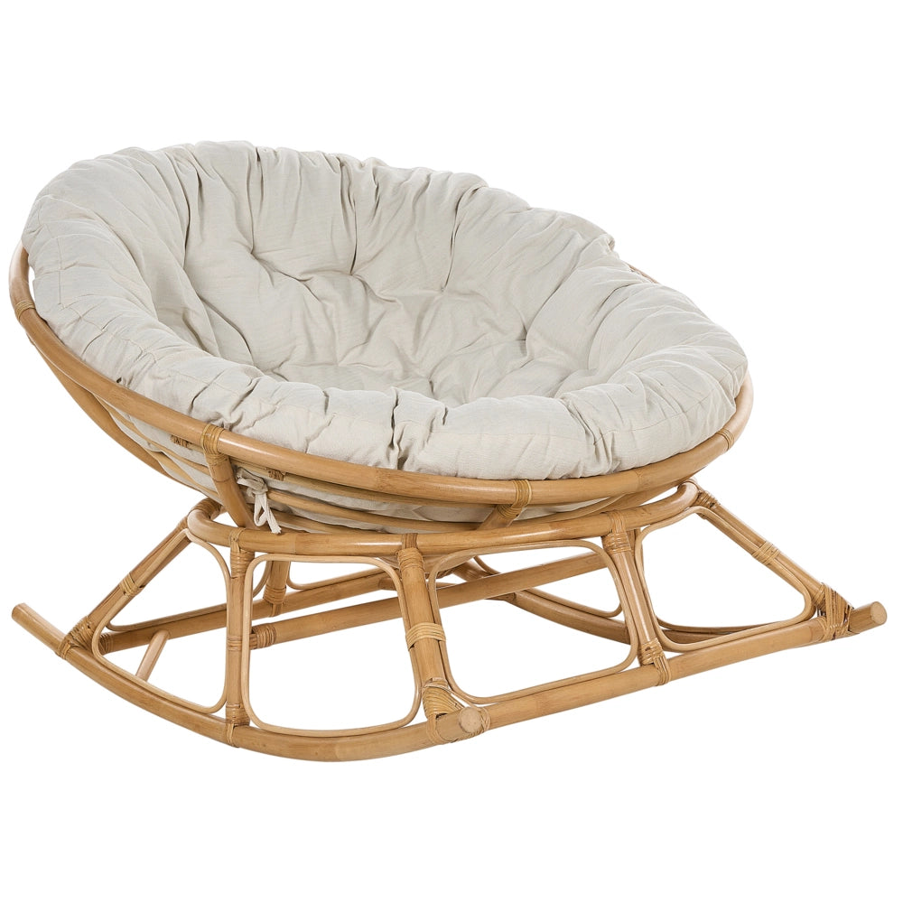 Sedia a dondolo in rattan beige chiaro cuscini  tessuto cotone media resistenza per interni esterni naturali giardino patio balcone