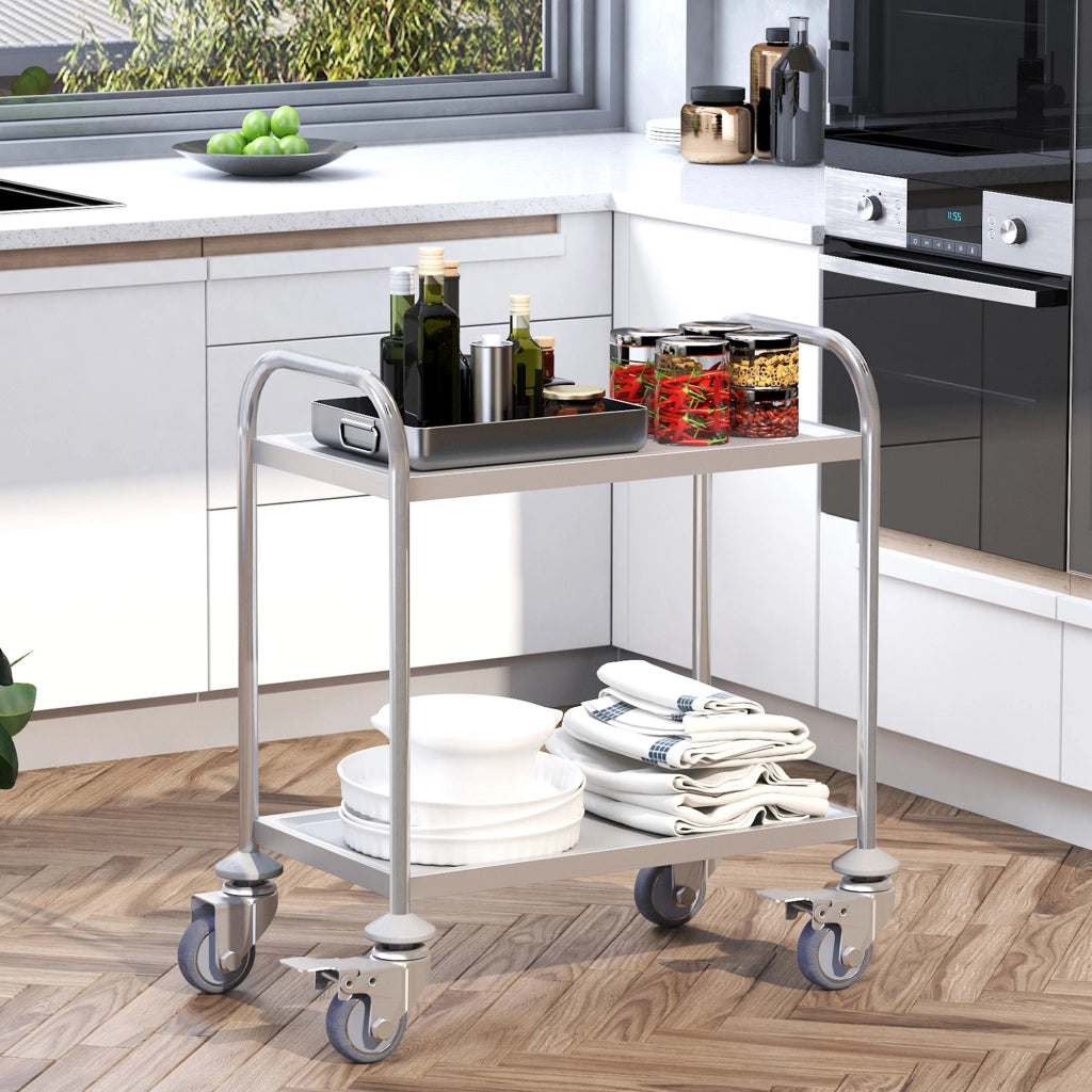 Easycomfort Carrello Cucina 2 Ripiani, Carrello con Ruote Portatutto, Carrello Portavivande in Acciaio Inox, 71x41x81cm, Argento