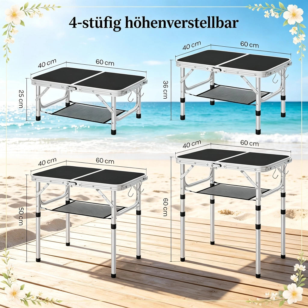 Carrello pieghevole con altezza regolabile, rete portaoggetti e maniglia, in alluminio e MDF, nero