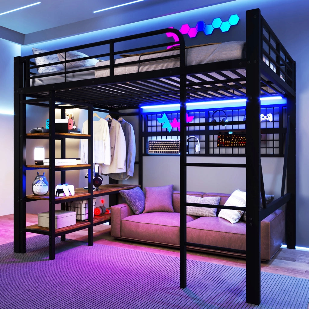 Letto a castello 140x200 - Xylo - Nero con LED e armadio