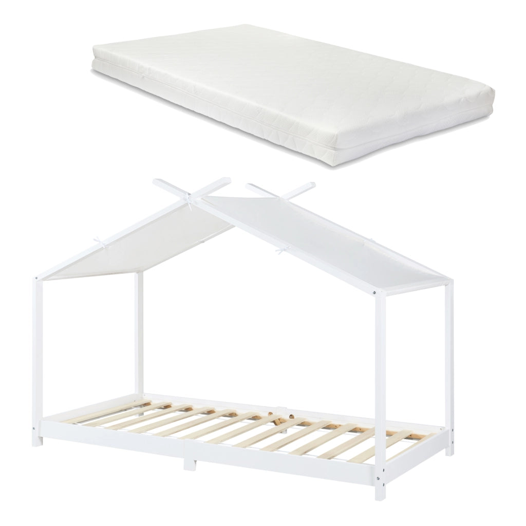 Letto Brome per Cameretta a Forma di Casetta e Materasso 90x200 cm Legno di Pino - Bianco [en.casa]