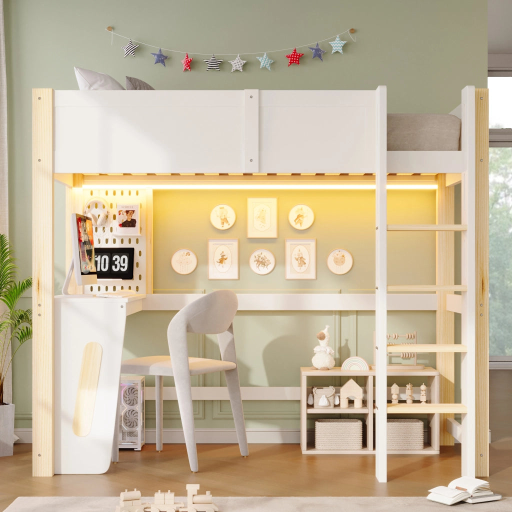Letto a soppalco per bambini 90x200 cm, letto rialzato con scrivania integrata, pannello forato, illuminazione LED, pino, naturale e bianco