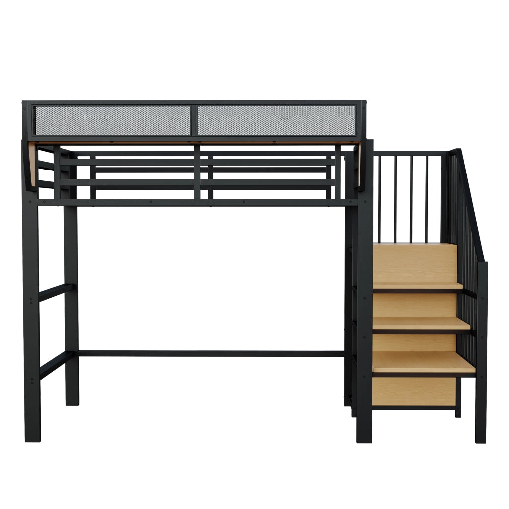 DESMIU Letto a soppalco singolo con scala di sicurezza e ripiano regolabile 90 × 200 cm, senza materasso, nero