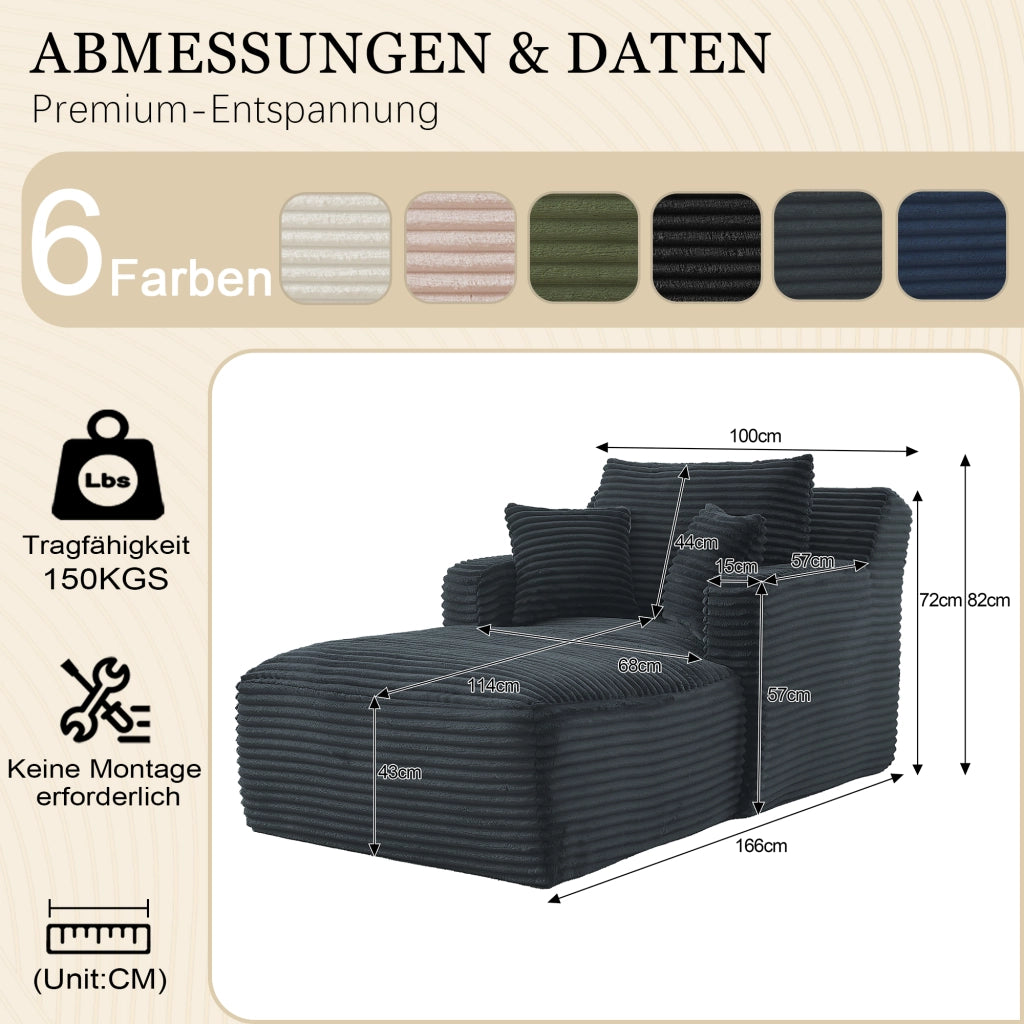 Chaise Longue Divano Convertible con Schienale Piatto, in Corduroy, Grigio Scuro