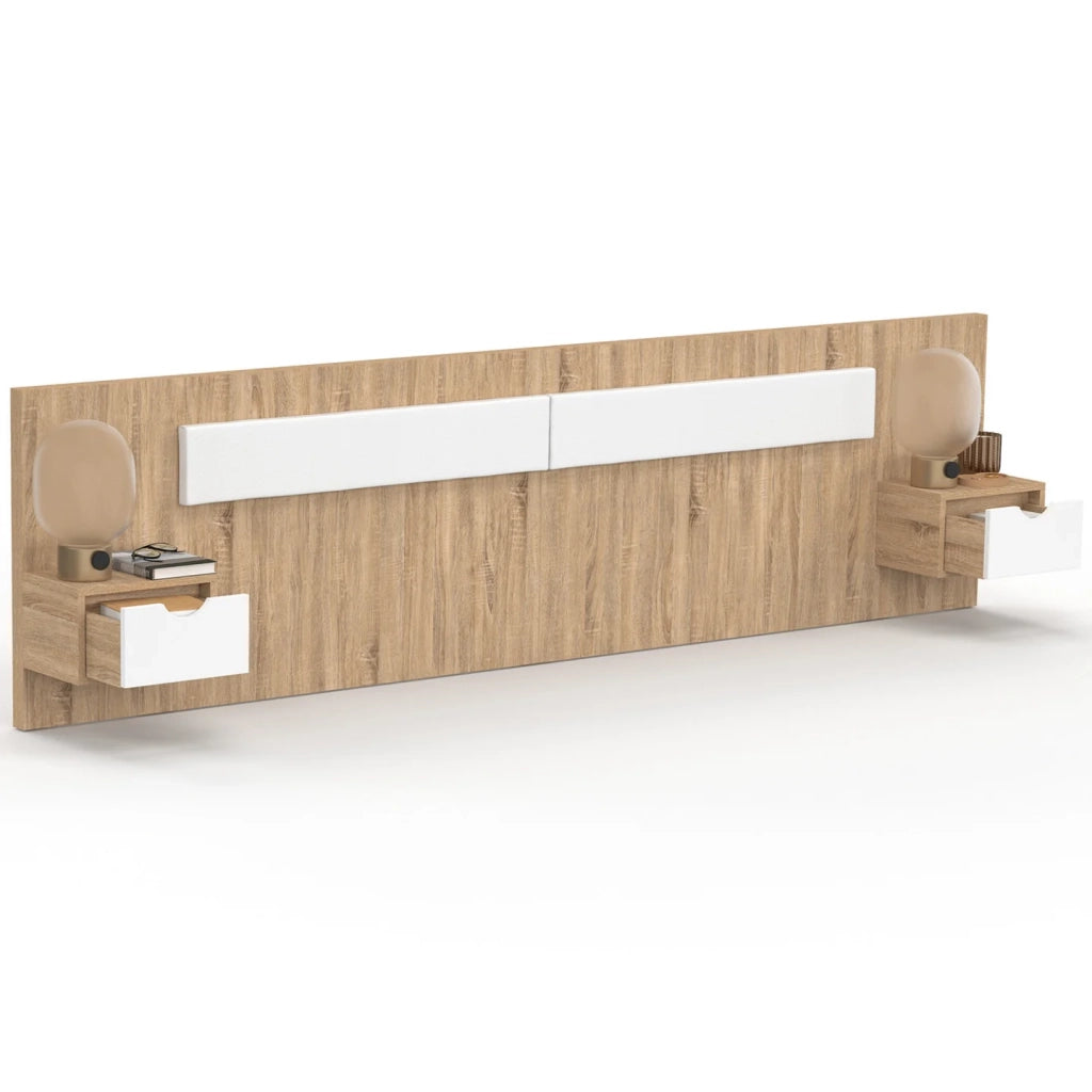 IDMarket - Testata sospesa SANTA con comodini per letti da 140, 160 e 180 cm in legno e bianco