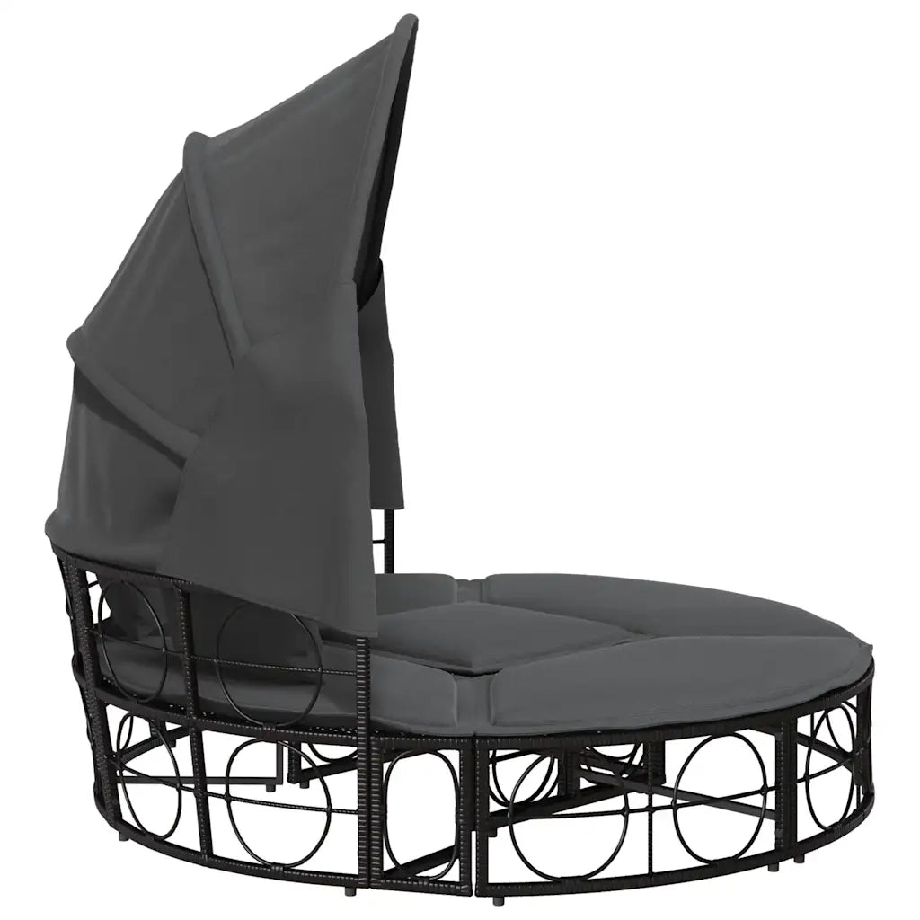 Lettino Prendisole | Sdraio da giardino | Lettino da sole Esterno Tetto e Cuscini Nero in Polyrattan