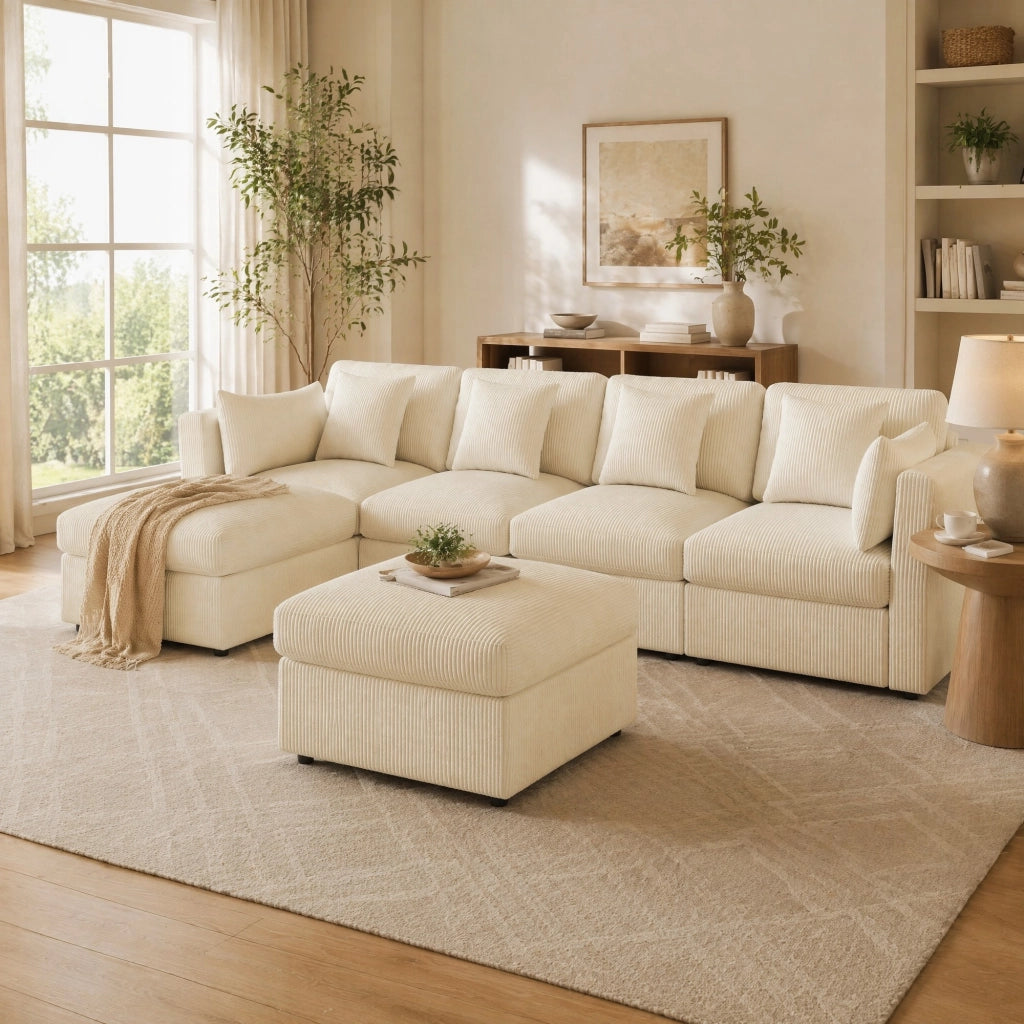 Divano angolare modulare a U in corduroy beige con poggiatesta, pouf mobili e braccioli regolabili
