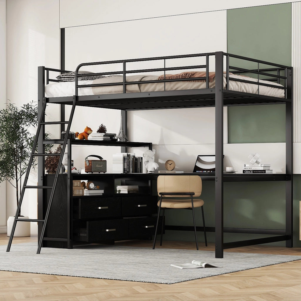 Letto a castello nero in metallo e MDF con scrivania a L e cassetti 140x200 cm