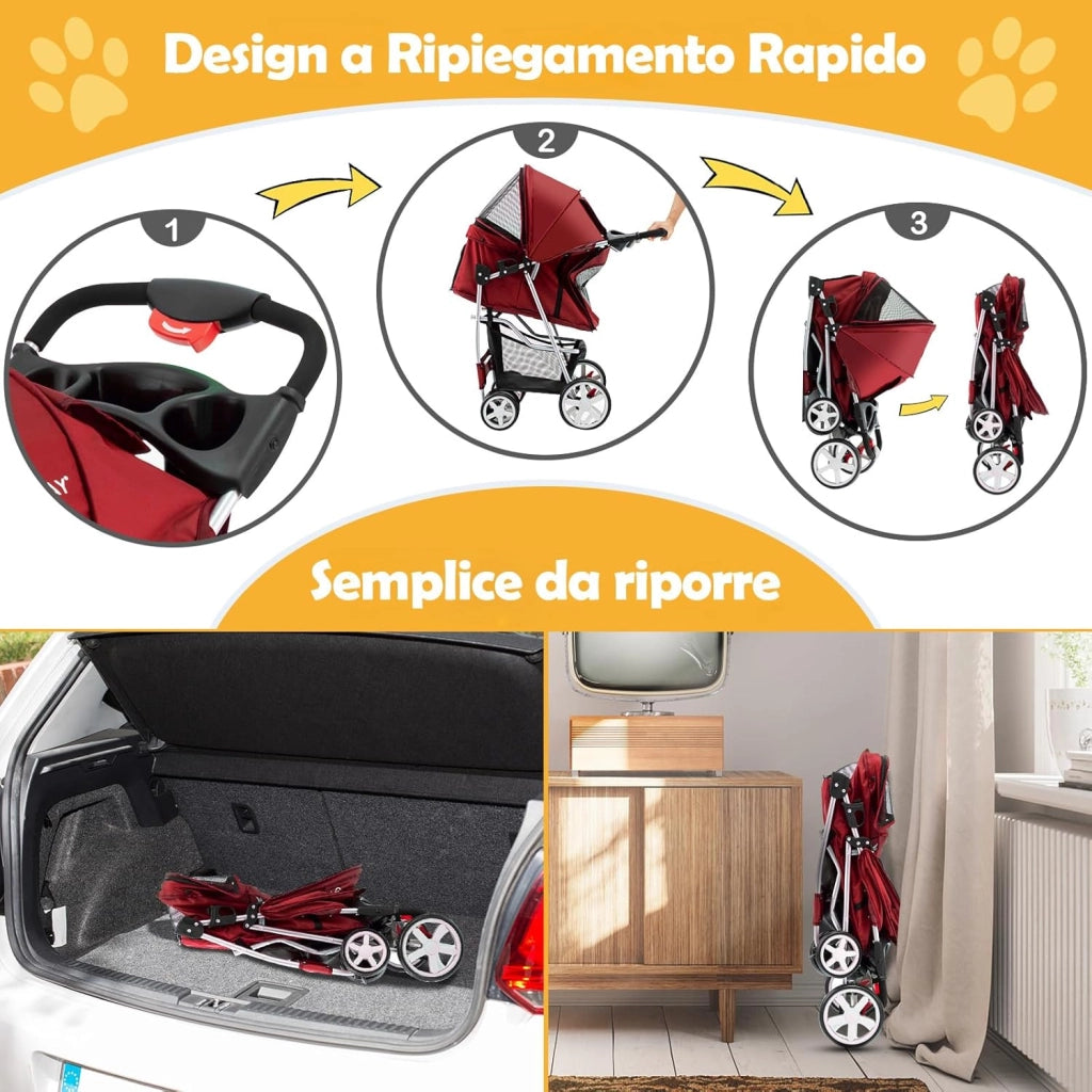 Passeggino per Cani, Carrozzina per Cani Pieghevole Fino a 15 kg, 4 Ruote con Finestra a Rete Porta Bicchiere e Cesto, Passeggino Portatile per Animali Piccola e Media (Rosso)