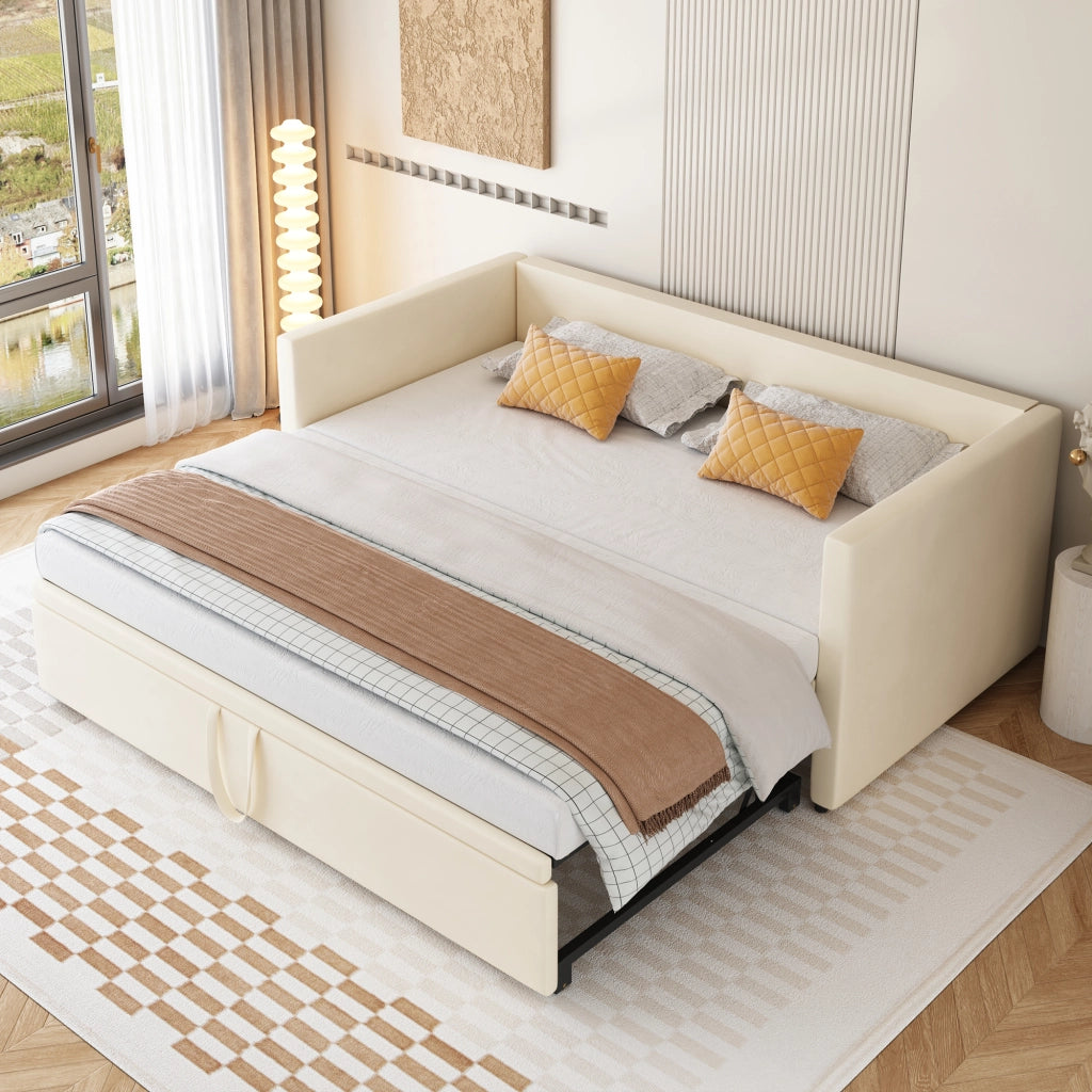 Letto estraibile imbottito 90 × 200 cm e 180 × 200 cm con rete, senza materasso, in velluto beige