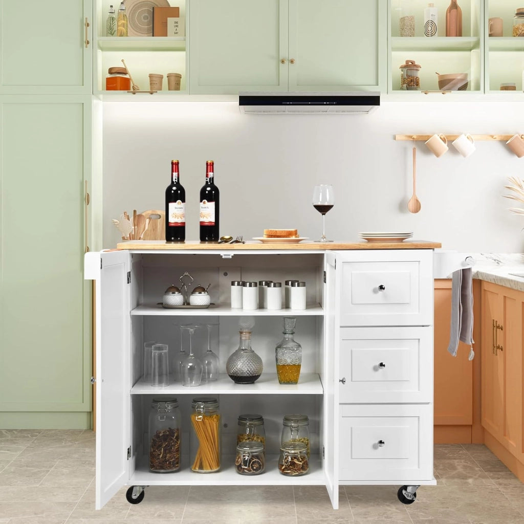 Carrello da Cucina con Pannello Pieghevole Portato fino a 50 kg, Isola da Cucina 43x136x91cm, Carrello Portaoggetti in Legno con Ruote, Multifunzione e Grande, Nero (Bianco)