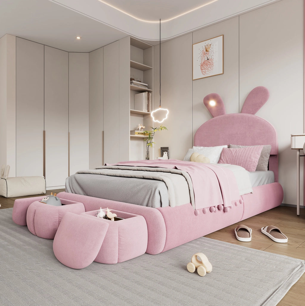 Letto singolo imbottito rosa con LED e 2 pouf, 90x200 cm