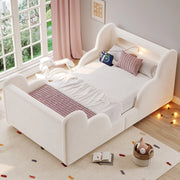 Letto singolo 90x200 cm in velluto beige con spondine imbottite, luci e porte USB, rete inclusa