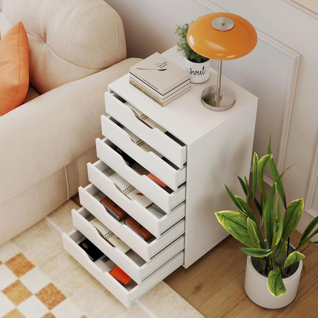 Cassettiera da Ufficio con 7 Cassetti, Mobiletto per Documenti con 4 Ruote Girevoli, Cassettiera da Scrivania in Legno per Ufficio e Soggiorno, 49 x 40 x 87 cm (Bianco Noce)