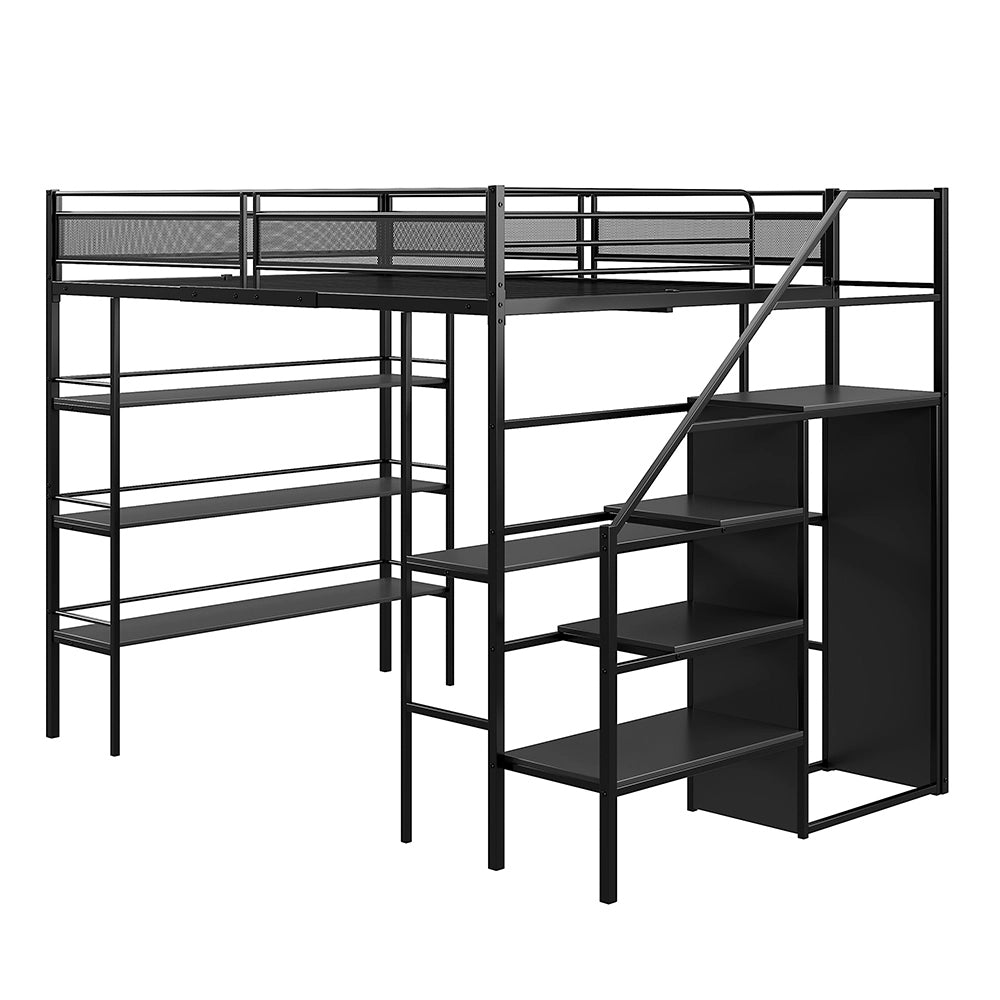 Letto a soppalco 140x200 - Xylo - 3 ripiani scrivania armadio - Nero