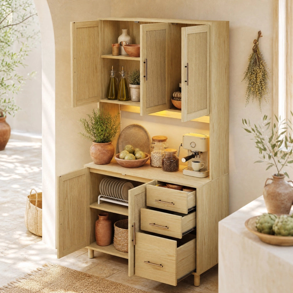 Credenza cucina 183 cm con LED APP, prese USB e schuko, 3 cassetti, ripiani regolabili, finitura naturale