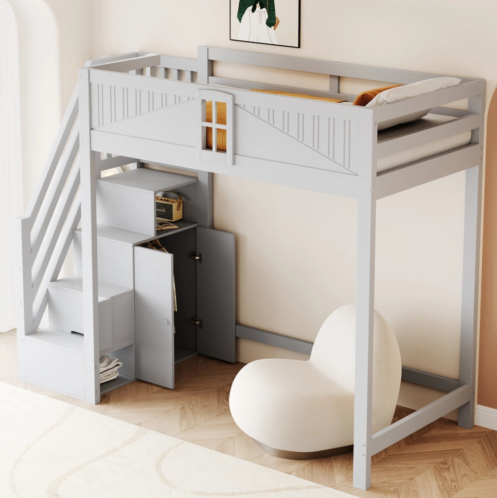 Letto a soppalco 90x200 cm in legno massello grigio