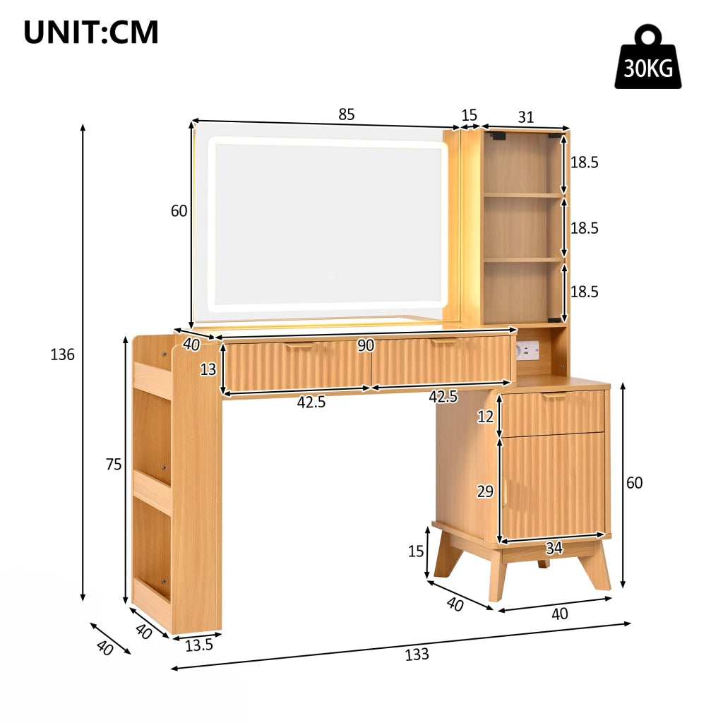 Toeletta con specchio LED, prese elettriche USB e USB-C, 3 cassetti e vani laterali, 133x136x40 cm, Natural
