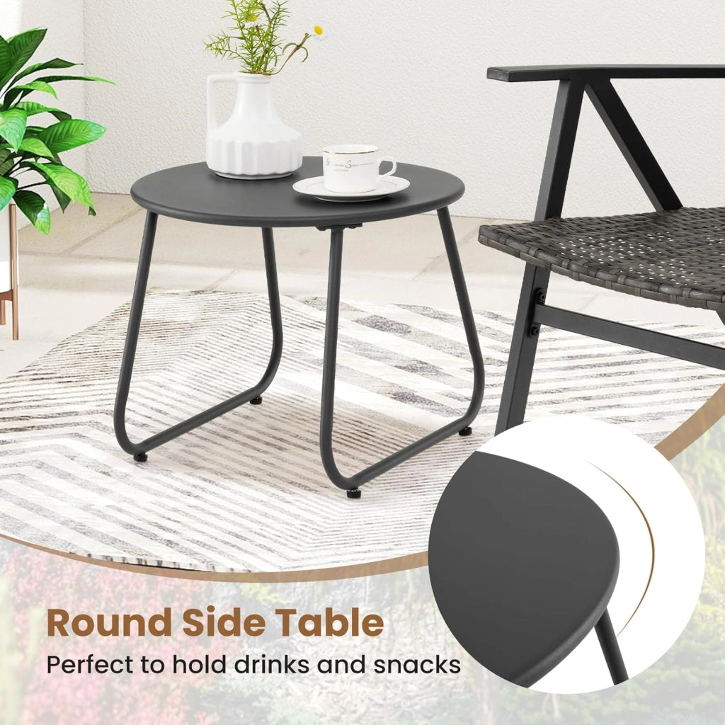 Set di Mobili da Esterno di 3 Pezzi, Tavolo Rotondo e 2 Poltrone in Rattan, con Piedini Regolabili, Seduta Ampia, Schienale Alto, Set di Tavolo e Sedie per Patio, Terrazza, Balcone
