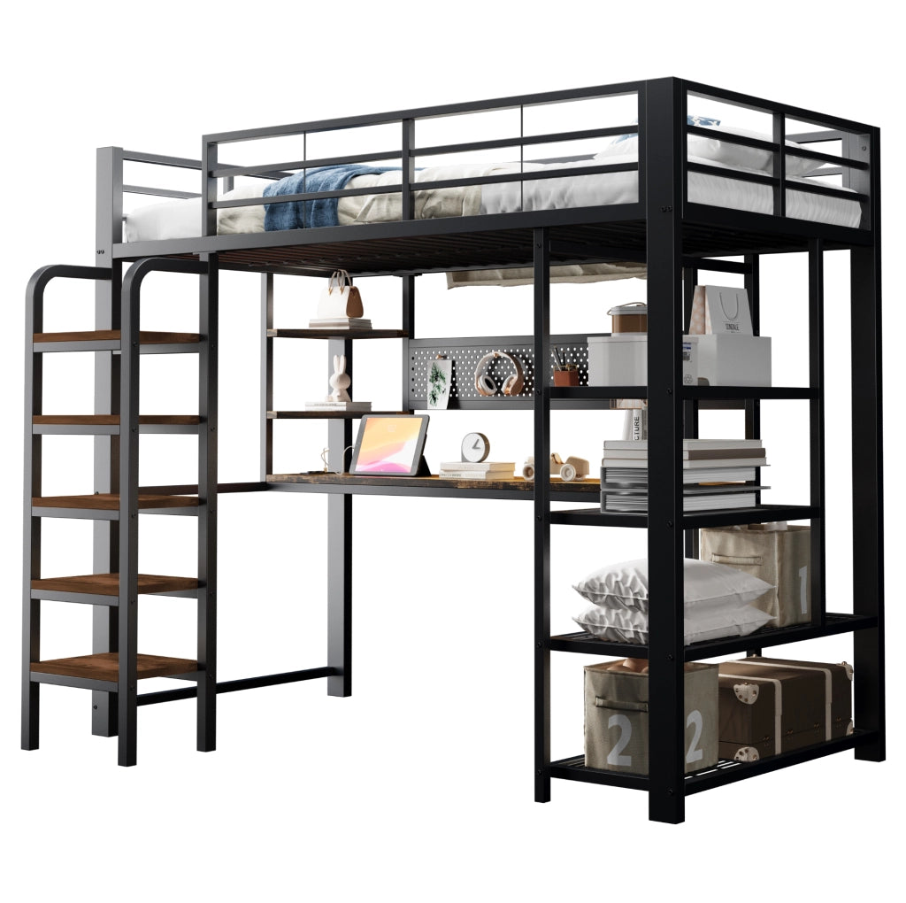 Letto a soppalco in metallo 90x200 cm con LED; scrivania; prese integrate e ripiani; nero