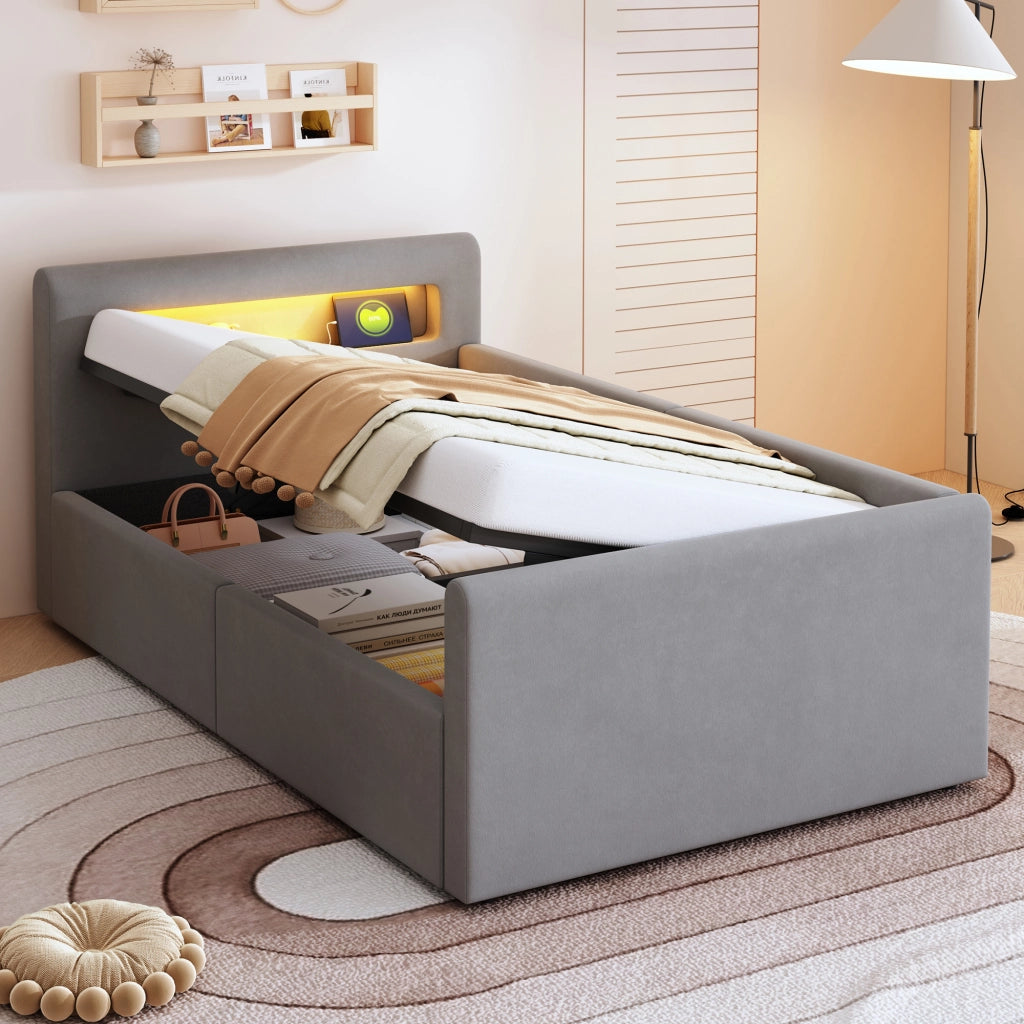 Letto 90x200 cm - Letto imbottito,Con luce notturna,Porta di ricarica USB,Con vani portaoggetti,Velluto,Funzione di accumulo idraulico,grigio
