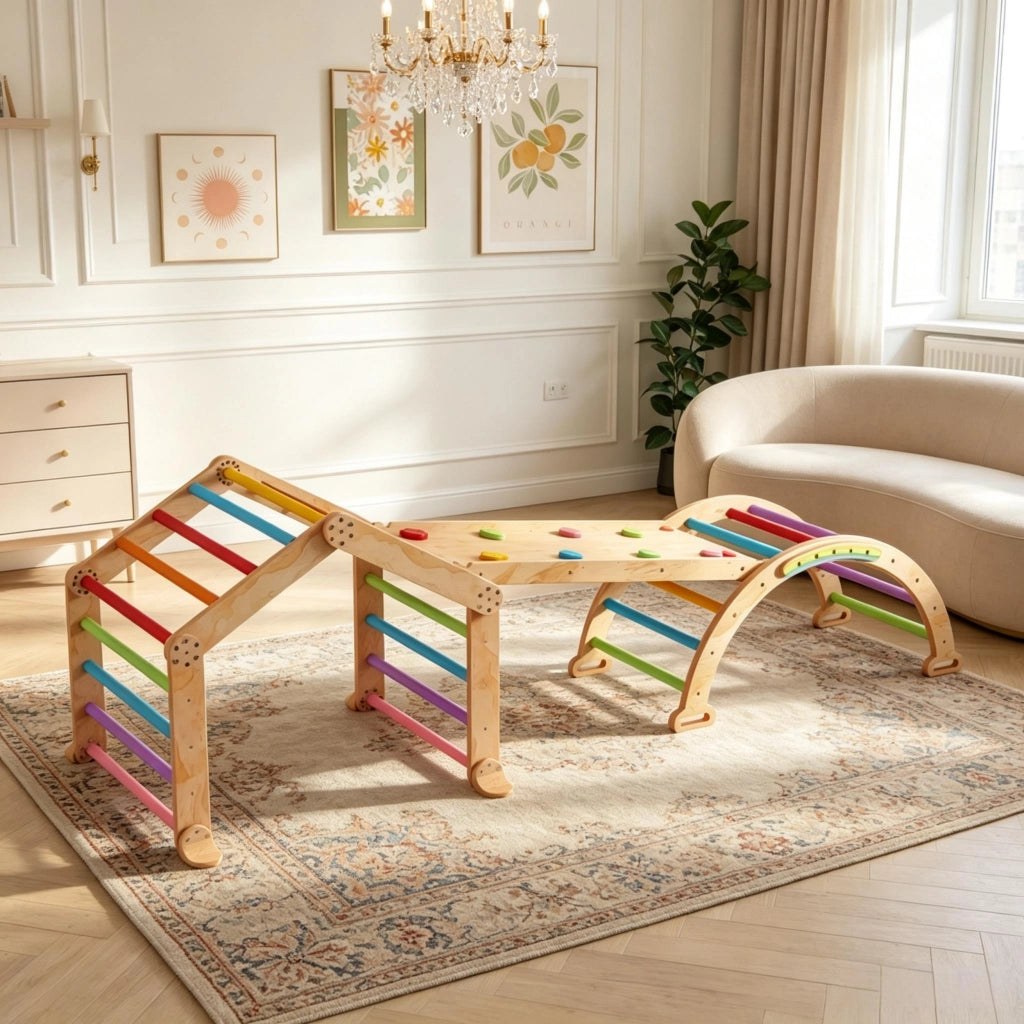 Triangolo di arrampicata multicolore per bambini con rampa reversibile, scivolo e struttura per arrampicata.