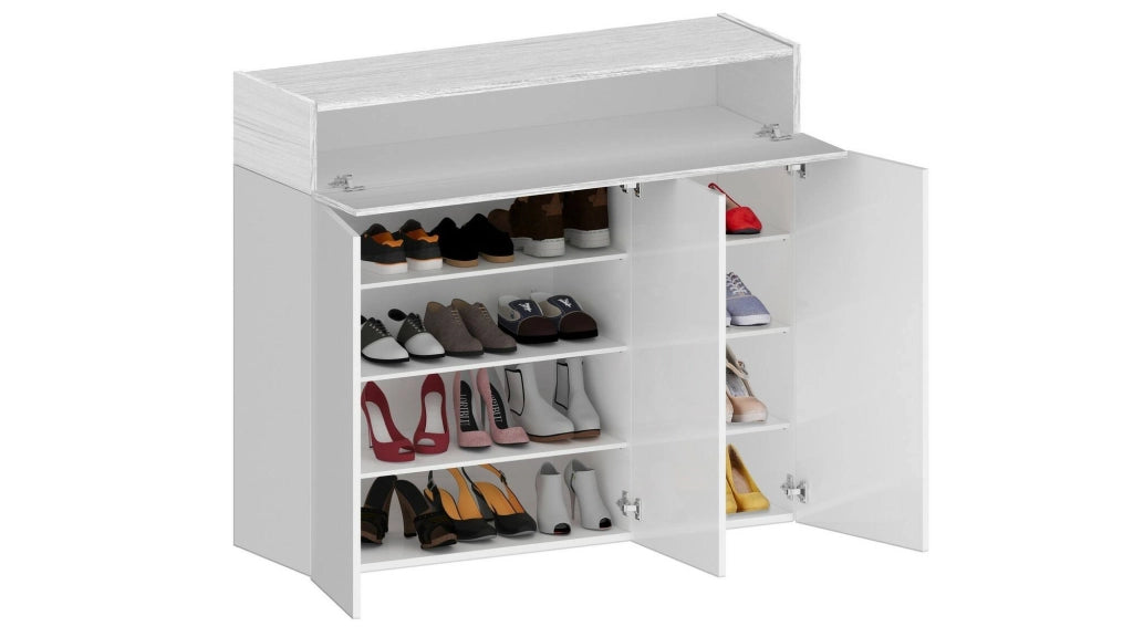 Scarpiera Griselda, Porta scarpe salvaspazio a 4 ante, Armadio multifunzione da ingresso, 114x38h100 cm, Bianco effetto larice