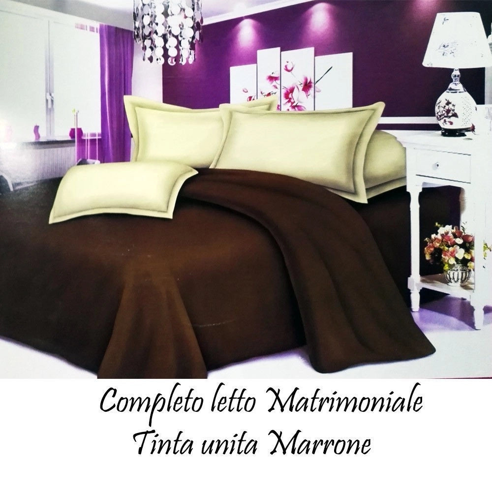 Trade Shop - Completo Letto Lenzuola Matrimoniale Con Copri Cuscini Tinta Unita Marrone -