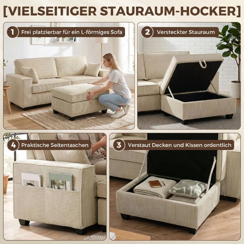 DIVANO angolare 3 posti con pouf contenitore 175 cm Cord Beige