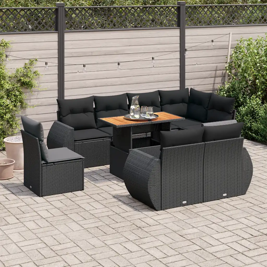 Set Divani da Giardino 9 pz con Cuscini Nero in Polyrattan 3327275