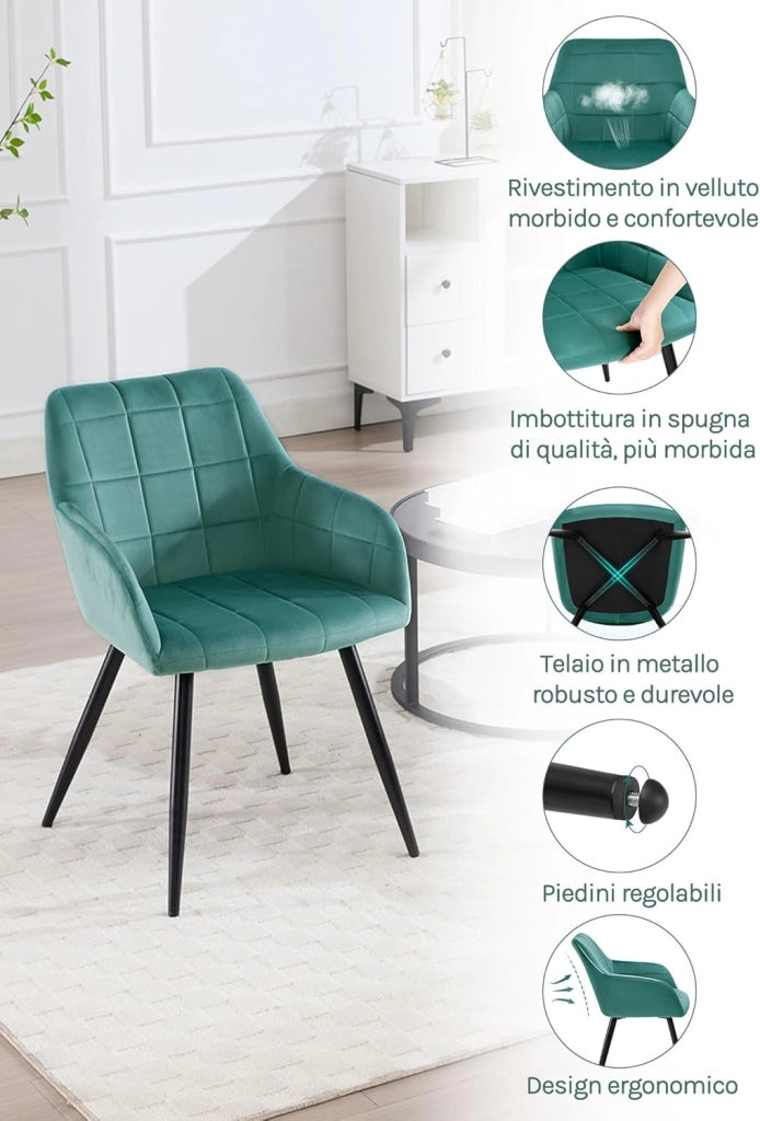 Sedia per Sala da Pranzo Imbottita, Poltroncina in Velluto,Sedia da Cucina con Braccioli e Schienale, Gambe in Metallo, moderne,Azzurro, BH93ts-1
