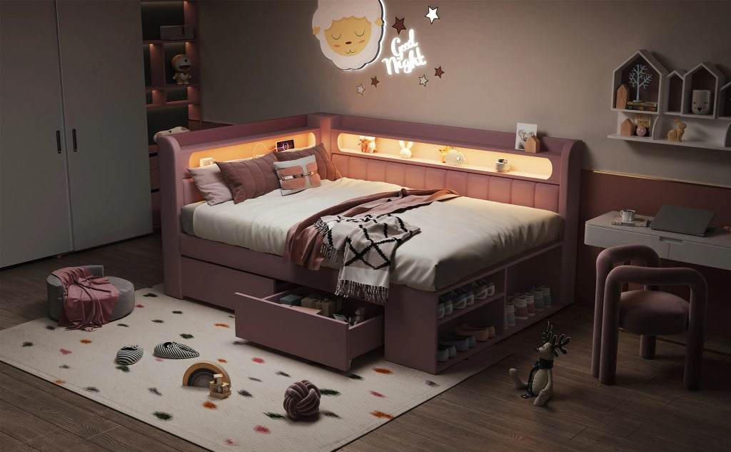 Letto imbottito con luce a led e porta usb, 2 cassetti e scarpiera, in mdf e compensato, rosa, 90 × 200 cm