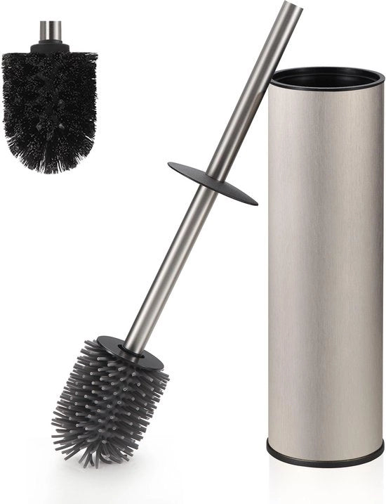 Borsetto metallico per wc autonomo, con due lunghe setole in silicone per una pulizia approfondita del lavabo, e setole per wc resistenti alle gocce e alle ostruzioni. (Laccato nichelato)