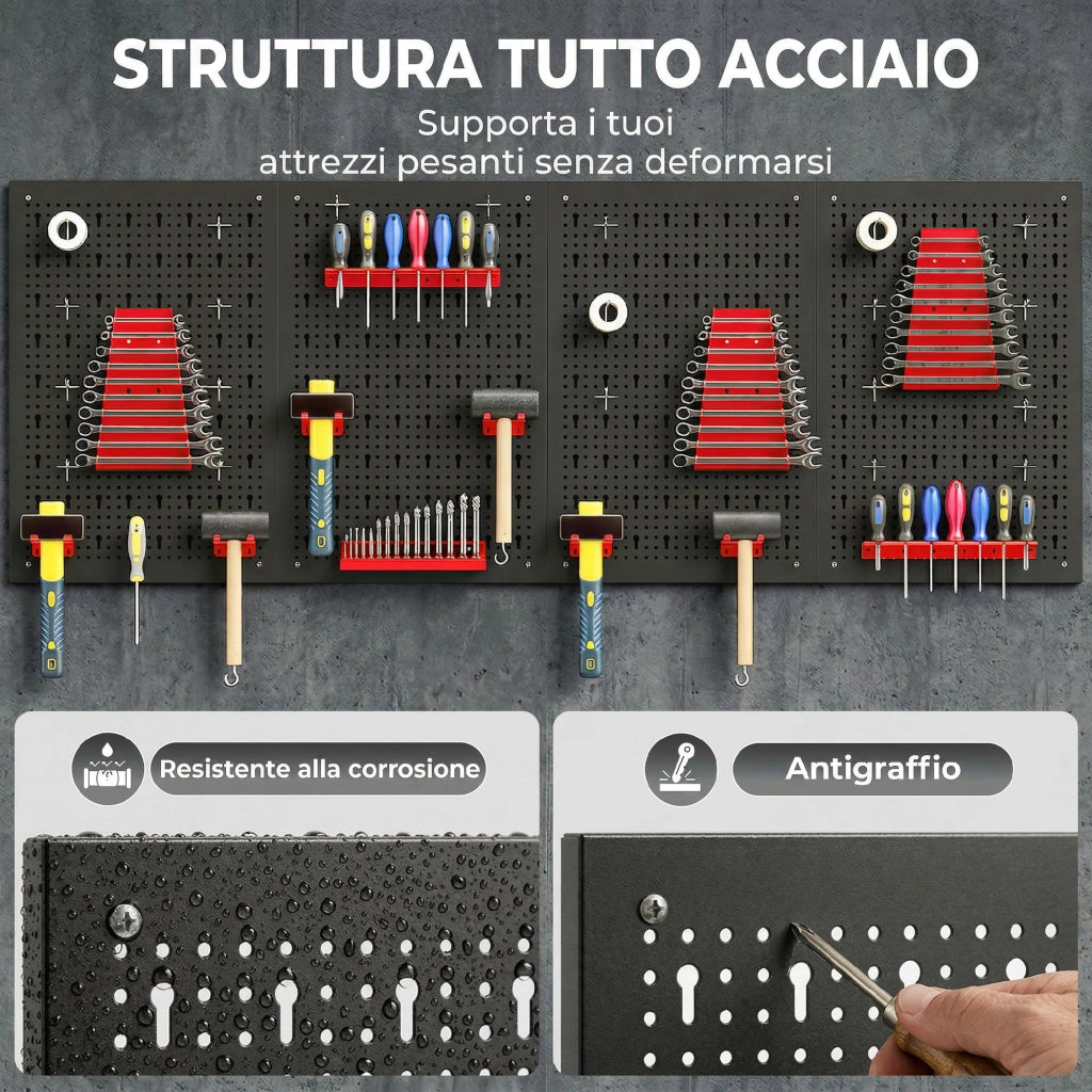 Set 4 Pannelli Porta Attrezzi da Parete in Acciaio 38pz. con 12 Supporti e 22 Ganci. Nero e Rosso