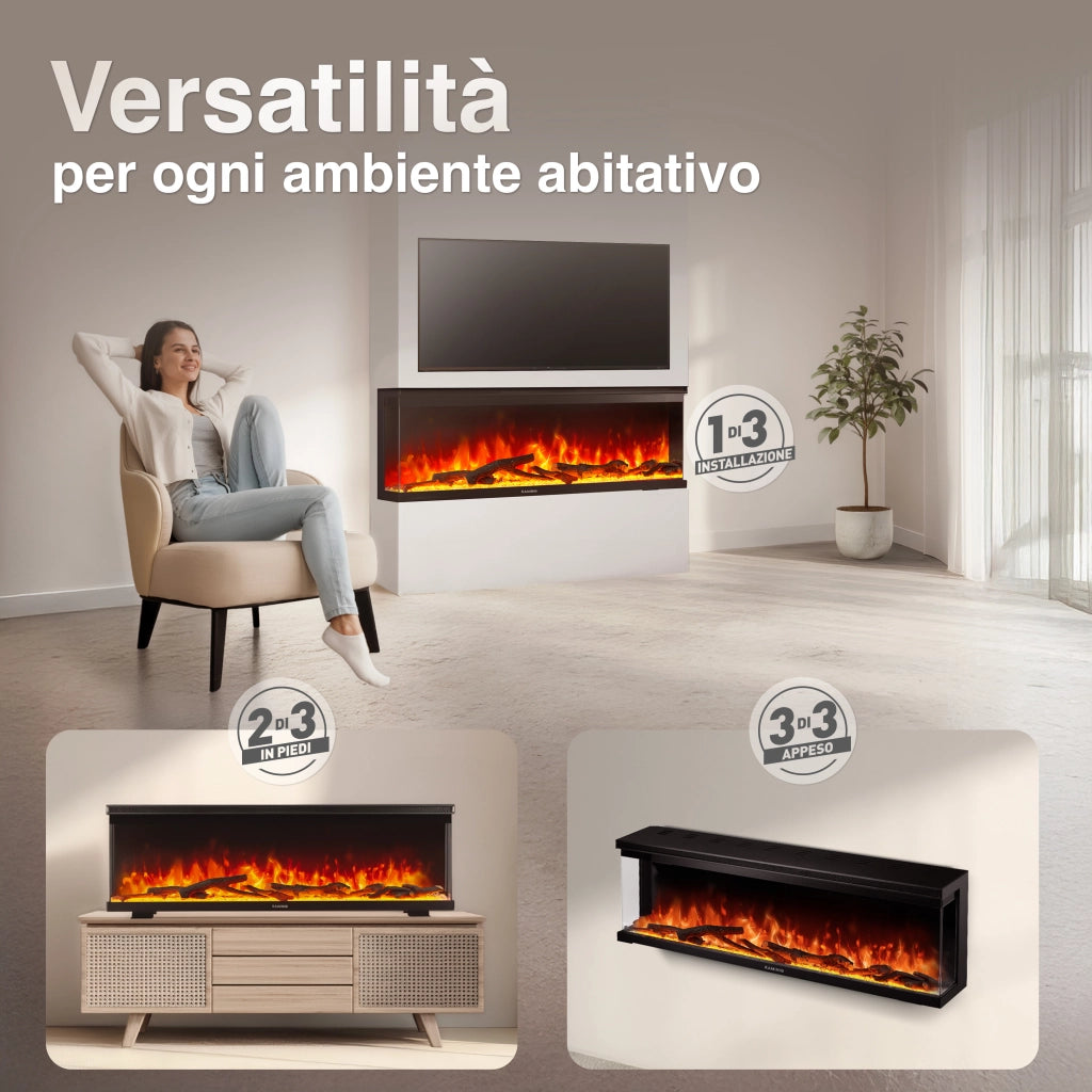 KAMINIO Camino elettrico LEA - Camino 3 in 1 con vista panoramica, riscaldamento, effetto fiamma, 12 colori delle fiamme, telecomando - 60 pollici